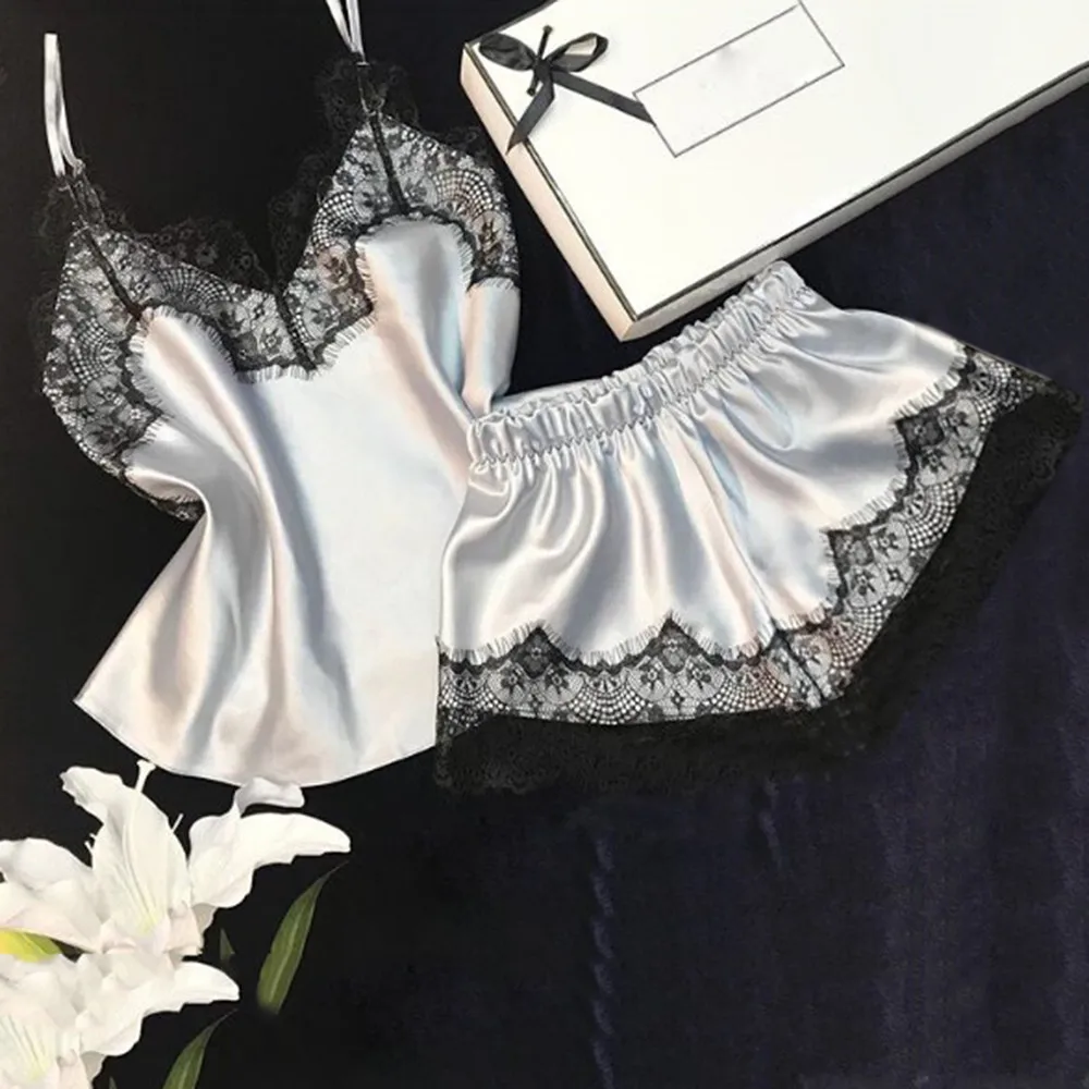 Women's Sleepwear Sexy Satin Pajama Set Black Lace V-Neck Sling Pyjamas Sleeveless Top and Shorts pijama mujer algodon veran F3 Women's Sleepwear Sexy Satin Pajama Set Black Lace V-Neck Sling Pyjamas Sleeveless Top and Shorts pijama mujer algodon veran F3