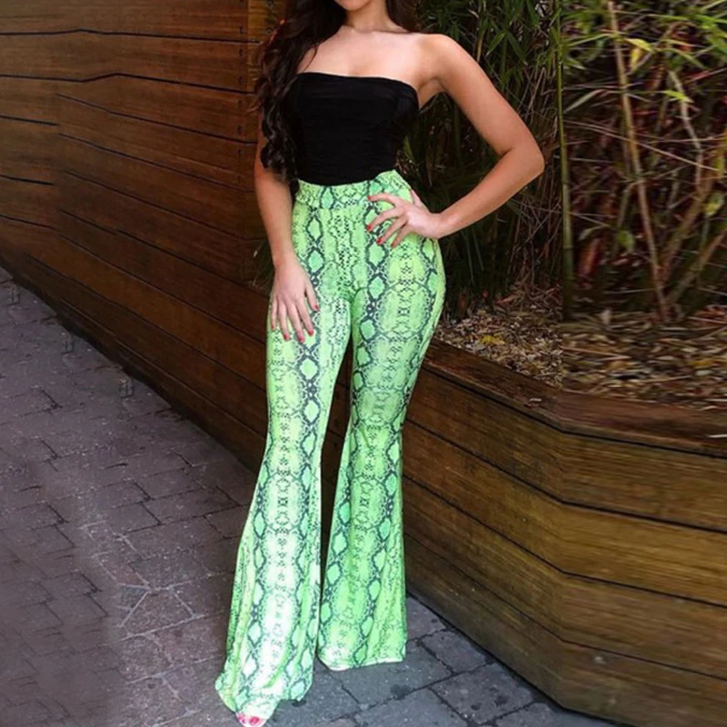 

Women Wide Leg Long Pants Snake Skin Pattern Stretch Casual Trousers High Waist Flares Green Pink Fashion Female Bottom Wear