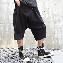 Мужские свободные шаровары уличная хип-хоп широкие брюки для мужчин Япония темно-черный хлопок лен низкая промежность повседневные брюки