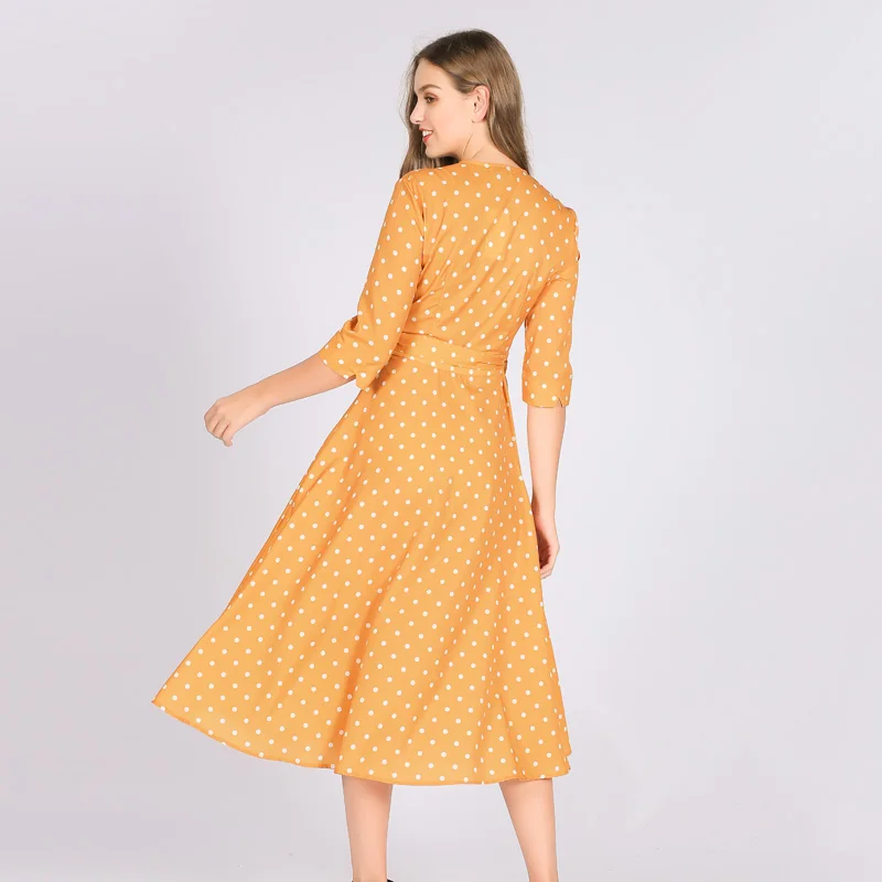 Yellow Polka Dot Dress - V-Neck Wrap Dress for Women, Perfect for Summer and Autumn - Vintage Long Casual Dresses, Only in Plus Sizes image 3