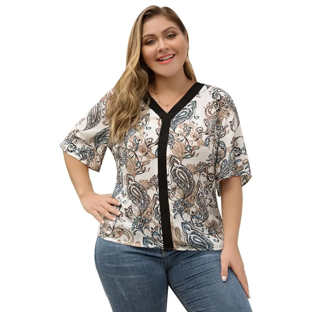 

WHZHM Patchwork Plus Size 3XL 4XL tshirt Women Short Sleeve Flower Printed Loose Summer Floral Printed V-Neck tshirt Femme