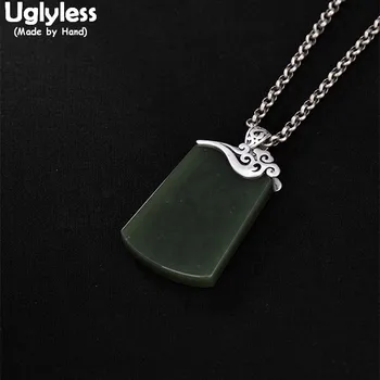 

Uglyless 100% Real 925 Sterling Silver Natural Gemstones Pendants for Women Handmade Square Necklaces NO Chains Green Jade Jewel