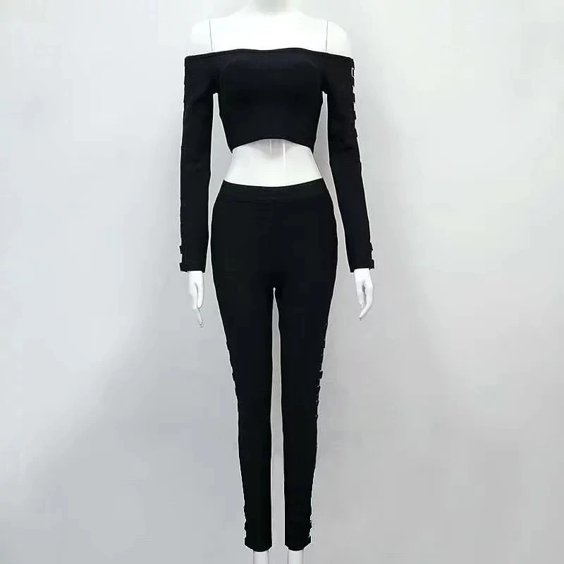 

Side Hollow Out Black High Waist Pants Women Sexy Skinny Slim Long Sleeve Top Casual Pencil Pants Trousers Two Pieces