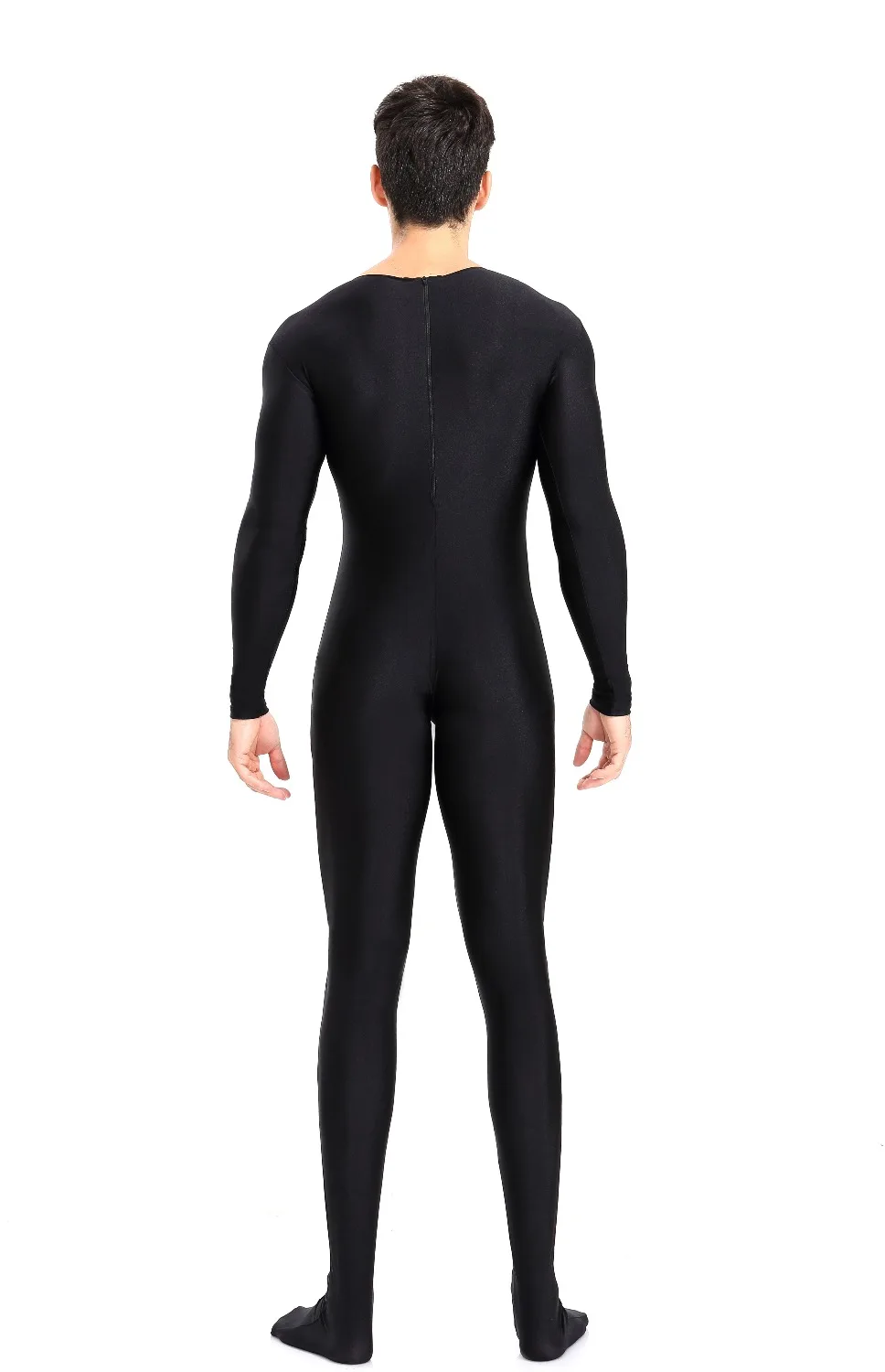 Mens Full Body  Spandex Zentai Suit Black Long Sleeve Unitard Adult Zipper Back Black Footed Cosplay Bodysuit Costumes