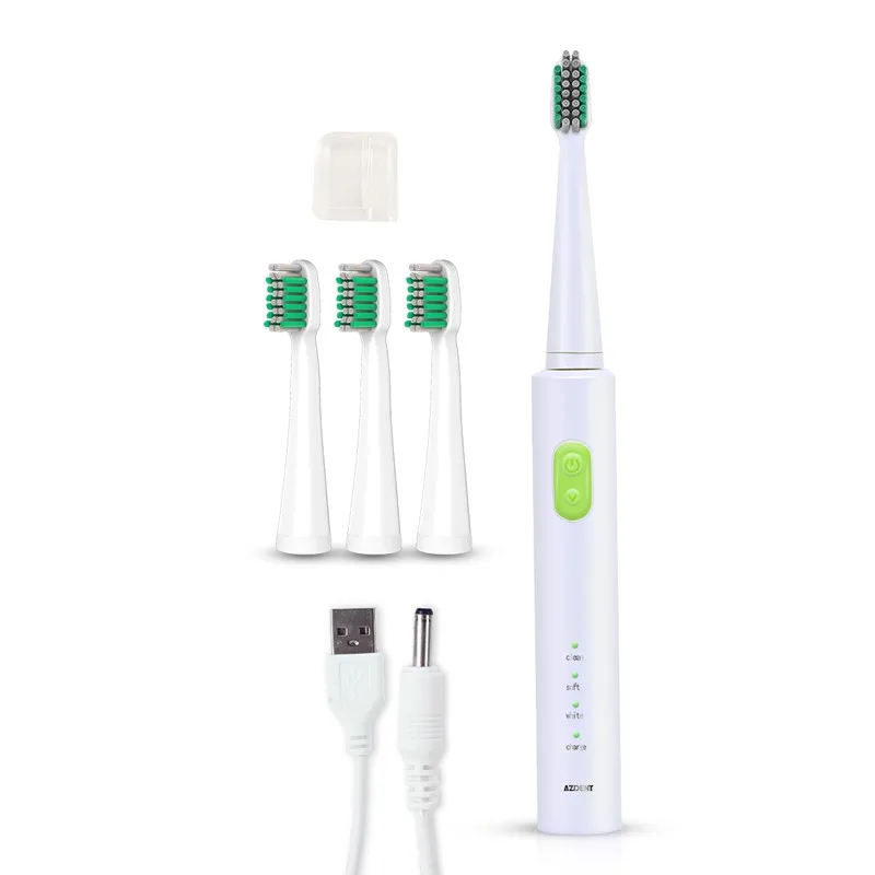 AZDENT 3 Функции Электрическая звуковая зубная щетка USB перезаряжаемая зубная щетка 4 сменные головки отбеливание зубов взрослые уход за полостью рта - Цвет: Green toothbrush