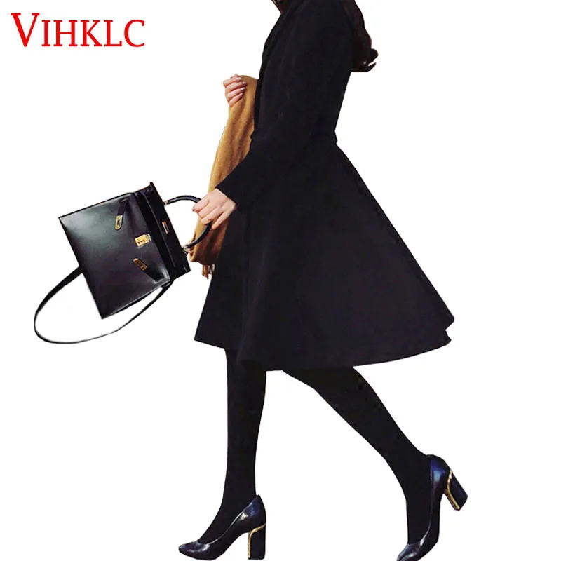 

New Fashion Women Wool Coat Winter Black Overcoat Korean Solid Color Pleated Coverd-Breasted Long Sleeve Slim Coats D265