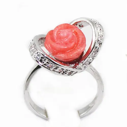 

Women Gift word Love 10MM Hand Carved Pink Coral Flower 925 Sterling Silver Lady Stam Size 6/7/8/9# lady's wedding jewelry rings