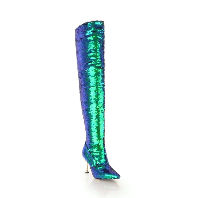 SIMLOVEYO/зимняя обувь; женские облегающие высокие сапоги; ботфорты с острым носком; обувь на молнии; Botas feminino mujer Bling; A1405 - Цвет: Green Velvet