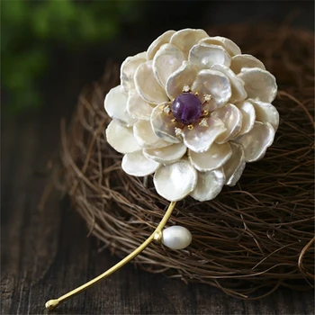 

CMAJOR 925 Sterling Silver Jewelry Purple Crystal Brooch Jewelry Pendants Baroque Pearl Flower Brooches For Women
