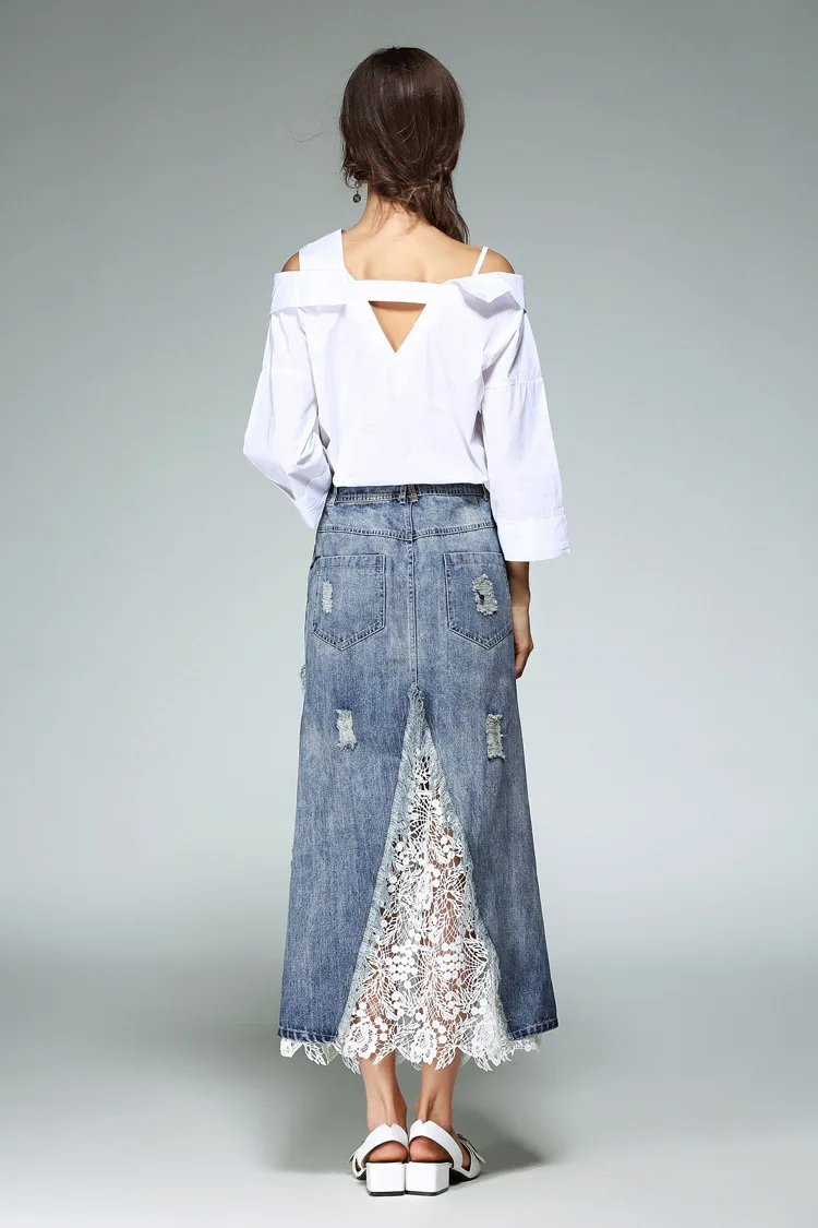 Высококачественная новая весенняя женская модная белая рубашка с открытыми плечами+ открытая кружевная джинсовая юбка, комплект из 2 предметов Conjunto Feminino