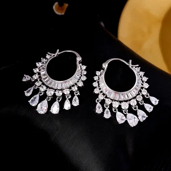 

Elegant Cubic Zircon Party Bridal Waterdrop Tassel Dangle Earrings Dazzling Wedding Jewelry Accessory E01838-1000