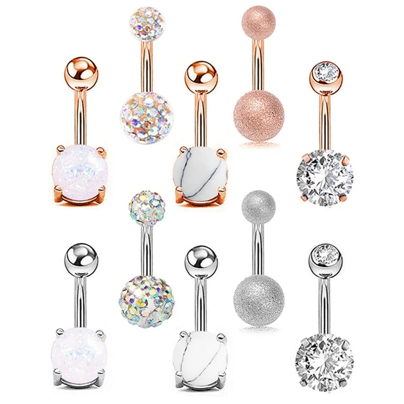 

5 Pcs New Women Natural Stone Austrian Crystal Opal Dangle Sexy Navel Ring Belly Button Piercing Surgical Steel Body Jewelry