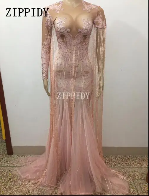 

Fashion Pink Tassel Long Dress Dance fringes Birthday Dress Nightclub Party Female Singer Costume Evening Celebrate Outfit