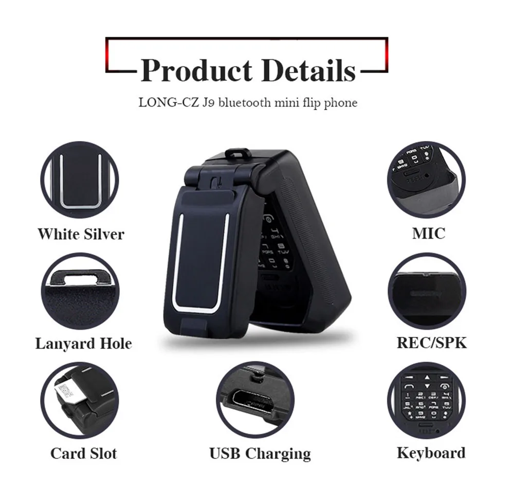 Mini Flip Mobile Phone LONG-CZ J9 0.66" Smallest Cell Phone Wireless Bluetooth Dialer FM Magic Voice Handsfree Earphone For Kids