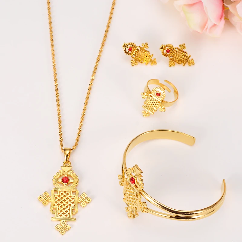 

Bangrui 2017 Ethiopian Cross Jewelry sets Pendant Chain/Earrings/Ring/Bangle Gold Color & Copper Africa Eritrea Crosses sets