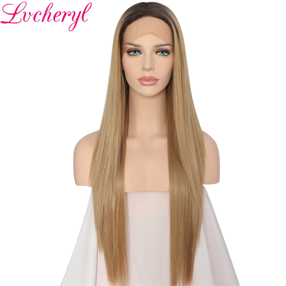 Us 32 45 45 Off Lvcheryl Hand Tied Dark Roots To Ash Blonde Ombre Straight Heat Resistant Hair Glueless Synthetic Lace Front Wigs Daily Wear In