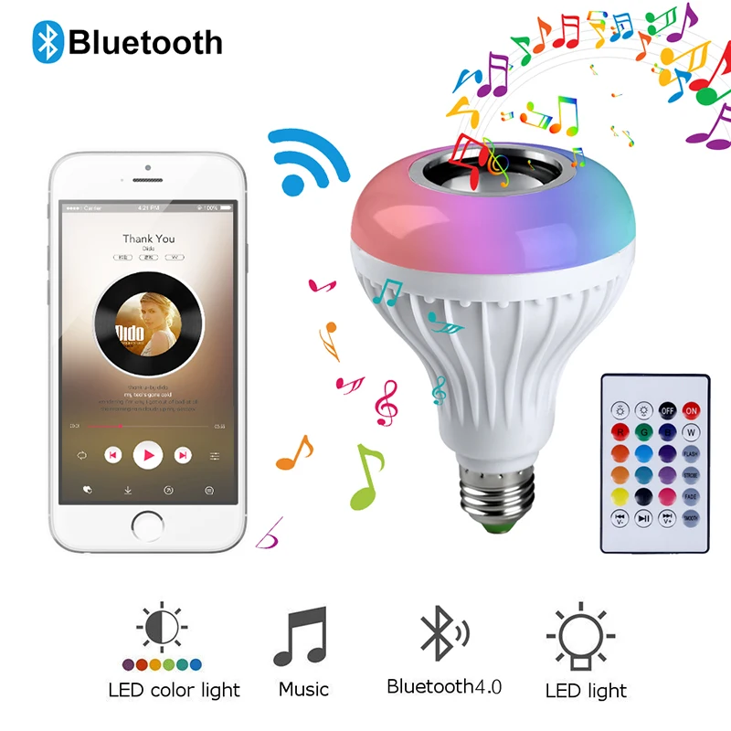 Светодиодный смарт светильник E27 RGB с Bluetooth динамиком 12 Вт беспроводной