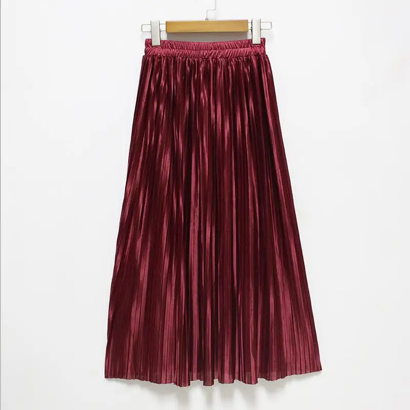 Новинка, женские модные длинные юбки, высокая талия, плиссированная юбка макси, блестящая шелковая юбка-пачка цвета металлик - Цвет: Бургундия