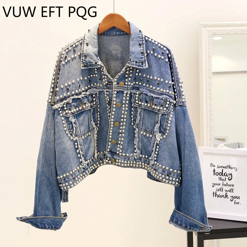 

Women New Beading Jeans Jacket Handwork Rivet Studded Denim Jacket Loose Outwear Female Students Casual Short Denim Coats Stree