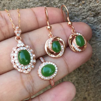 

MeiBaPJ Classic Natural Nephrite Jade Gemstone Jewelry Set 925 Sterling Silver 3 Siut Fine Jewelry for Women