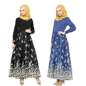 

Abaya Muslim Women Long Sleeve Maxi Dress Flowe Printed Islamic Jilbab Vintage Kaftan Robe Arab Buttons Cuff Patchwork Dresses