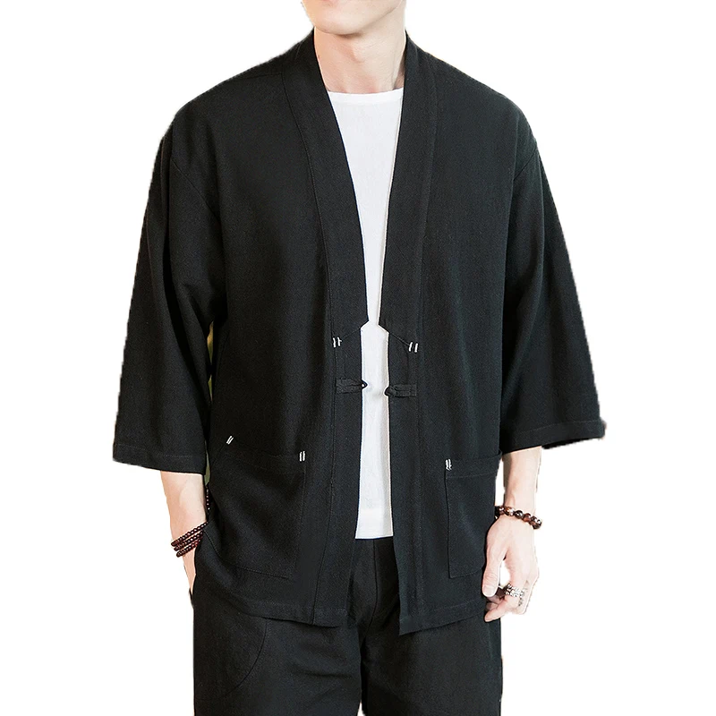 

Hanfu shirt 2019 Men Cotton Linen Shirts Men Kimono Open Stitch Shirt Male Three Quarter Sleeve Shirt Harajuku Mens dropshipping