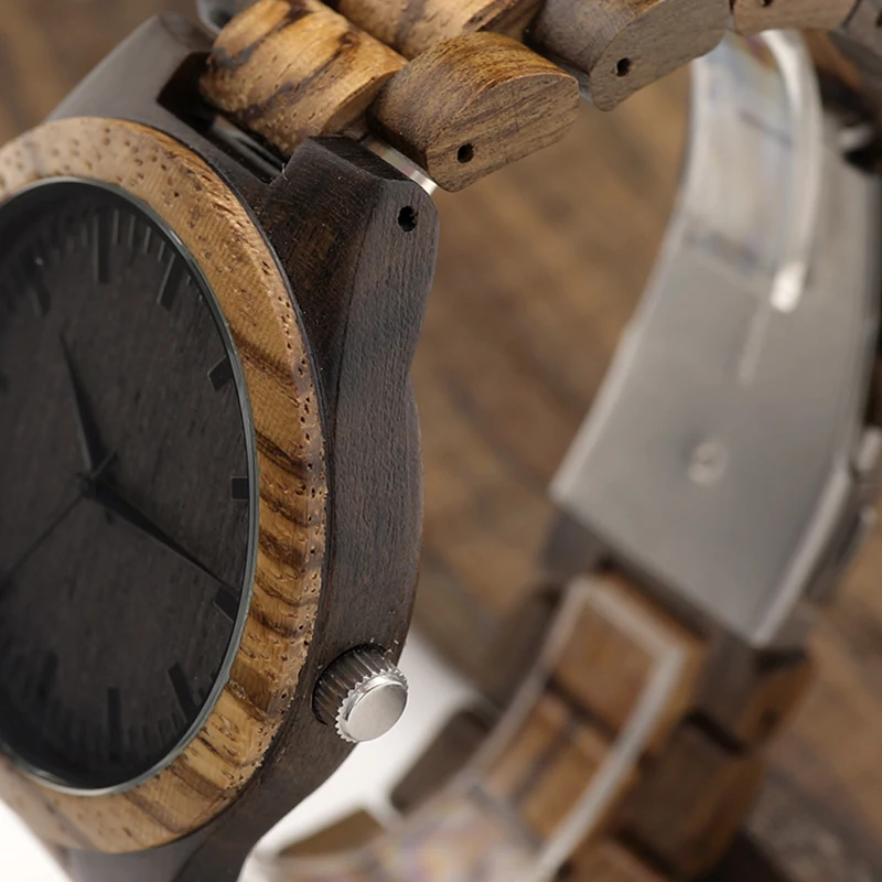 BOBO BIRD D30 Round Vintage Zebra Wood Case Men Watch With Ebony Bamboo Wood Face With Zebra Bamboo Wood Strap Japanese movement