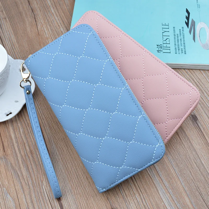 

New ladies wallet long zipper wallet fashion simple European and American rhombic embroidery line mother clutch bag soft wallet