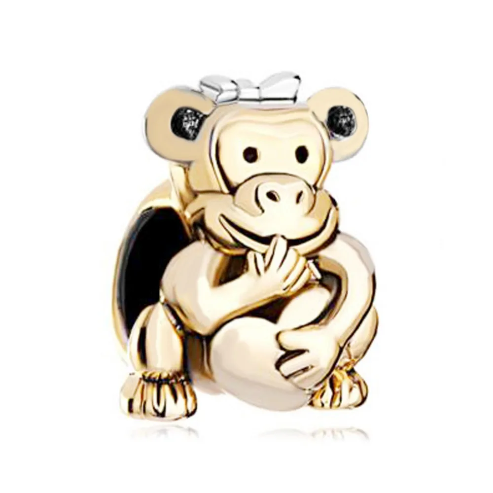 

Free shipping Plated Golden Monkey Holding Heart Charm Bracelet Love Bowknot Head Beads fit Pandora bracelet
