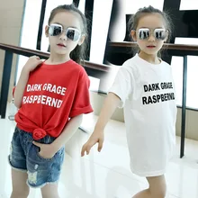 Spring and Summer New Girls Long Short Sleeved T-shirt Chest Letters Printing White Red Kids Clothing