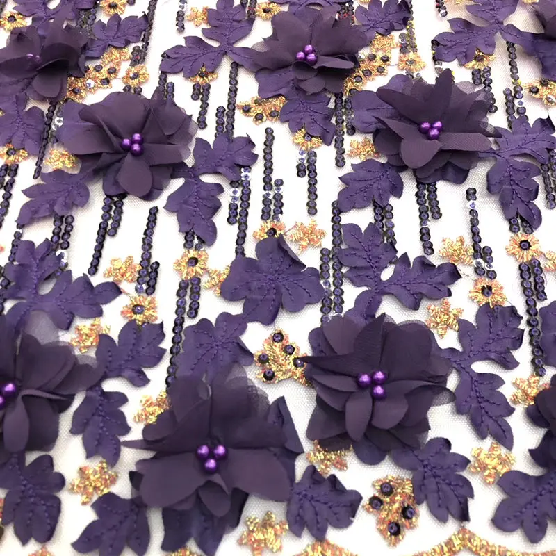 

3D flowers beaded African Lace Fabric Nigerian French Fabric with sequins High Quality Purple lace fabric for party dress RG814
