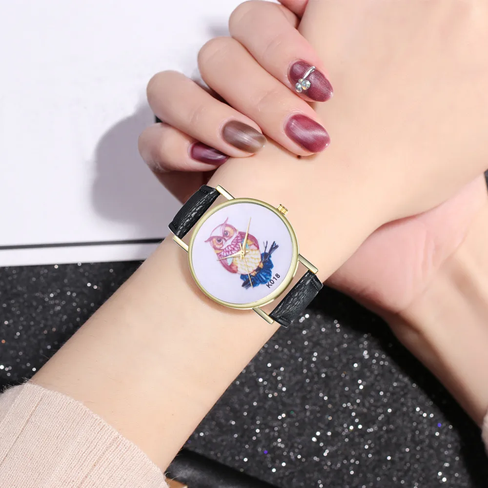 Multi-colored strap owl pattern dial Stylish PU Leather Strap Analog Quartz Watch For Fashion Casual Women