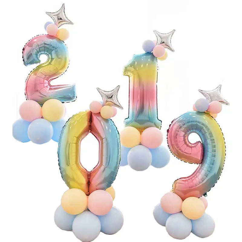 Воздушные шары из радужной фольги с цифрами для детей 1, 2, 3, 4, 5, 6, 7, 8, 9 лет, Детские праздничные вечерние шары с короной для дня рождения