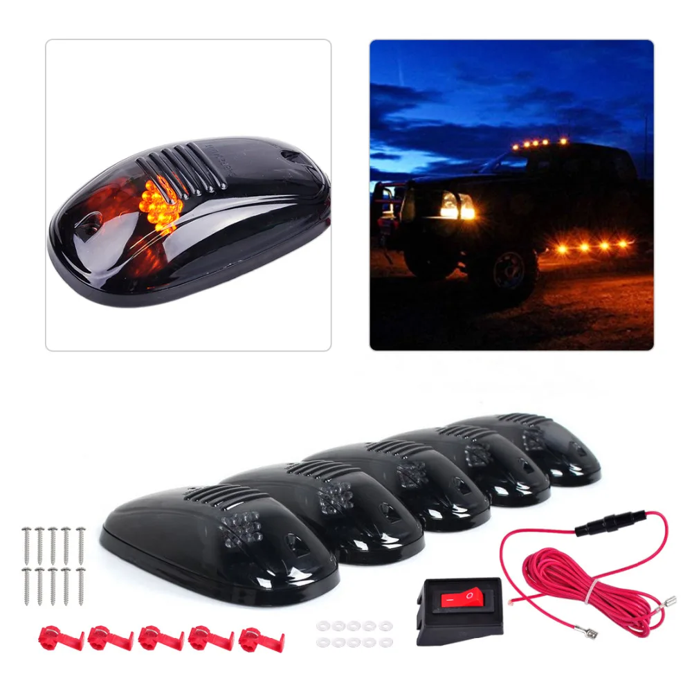 

New 5Pcs 9 LED Smoke Black Cover Amber Cab Marker Light Roof Top Lamp for Truck SUV Van Pickup Jeep Off-Road Crossover