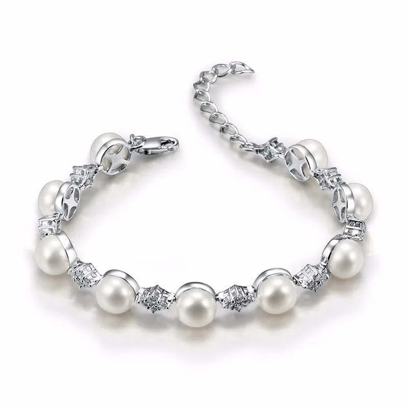 Sterling Silver Bracelets with High Luster almost no blemished Freshwater Pearl and Shining Cz