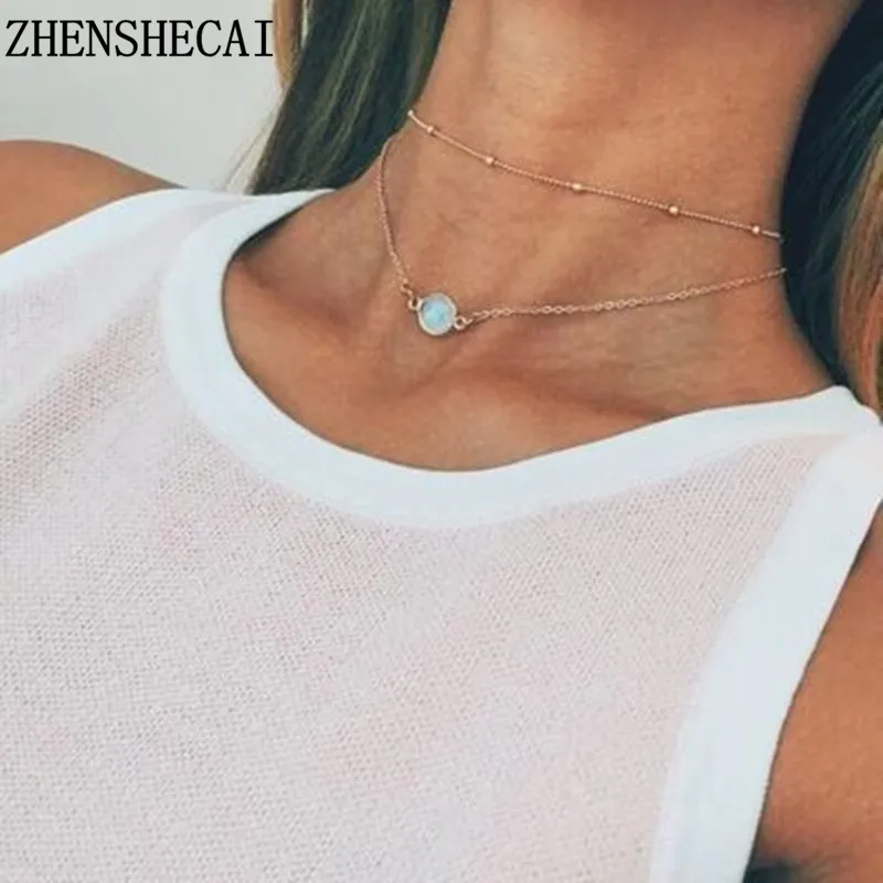 

Crystal 2 Layer Choker Necklace Gold color Opal Stone Pendant Necklace For Women Jewelry X58