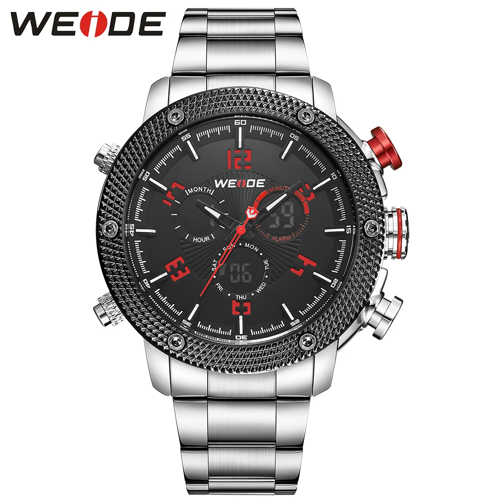 

WEIDE Fashion Mens Analog Watch Three Time Zone Digital Calendar Sport Date Quartz Watch Steel Band Bracelet Clasp Wristwatches