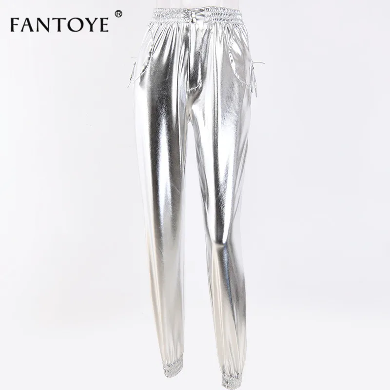 Fantoye, модные серебристые штаны-шаровары с высокой талией, женские свободные штаны с эластичной талией в стиле хип-хоп, женские штаны для бега, уличная одежда, повседневные штаны - Цвет: Sliver
