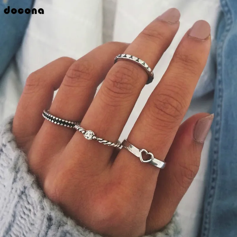 

Docona Retro 4 pcs/sets Charm New Arrival Silver Color Heart Wedding Rings for Women Ladies Jewelry Gift Drop Shipping 4302
