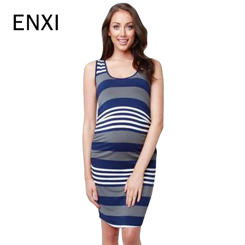 ENXI Stiped Striped Maternity Nursing Dress Summer Fashion