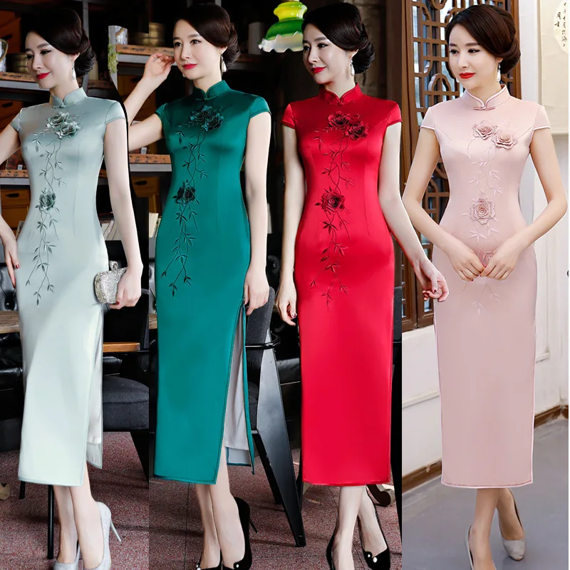 

New Vintage Print Floral Traditional Chinese Women Dress Satin Sexy Ankle-Length Qipao Lady Mandarin Collar Slim Cheongsam S-3XL