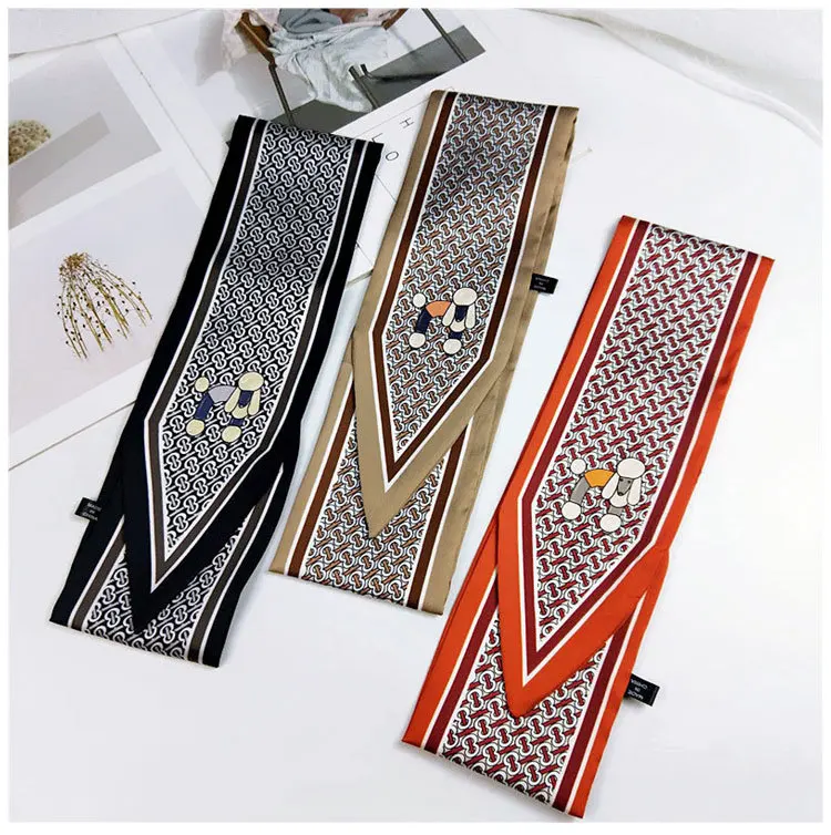 Fashion Hair Scarf For Women Neckerchief Cute Tie Wrist Ribbons Print Silk Satin Bag Scarfs Long Skinny Scarves For Ladies