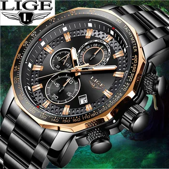 

LIGE Quartz Waterproof Luxury Sport Style Mens Watches Top Brand Stainless Steel Strap Chronograph Full calendar reloj hombre