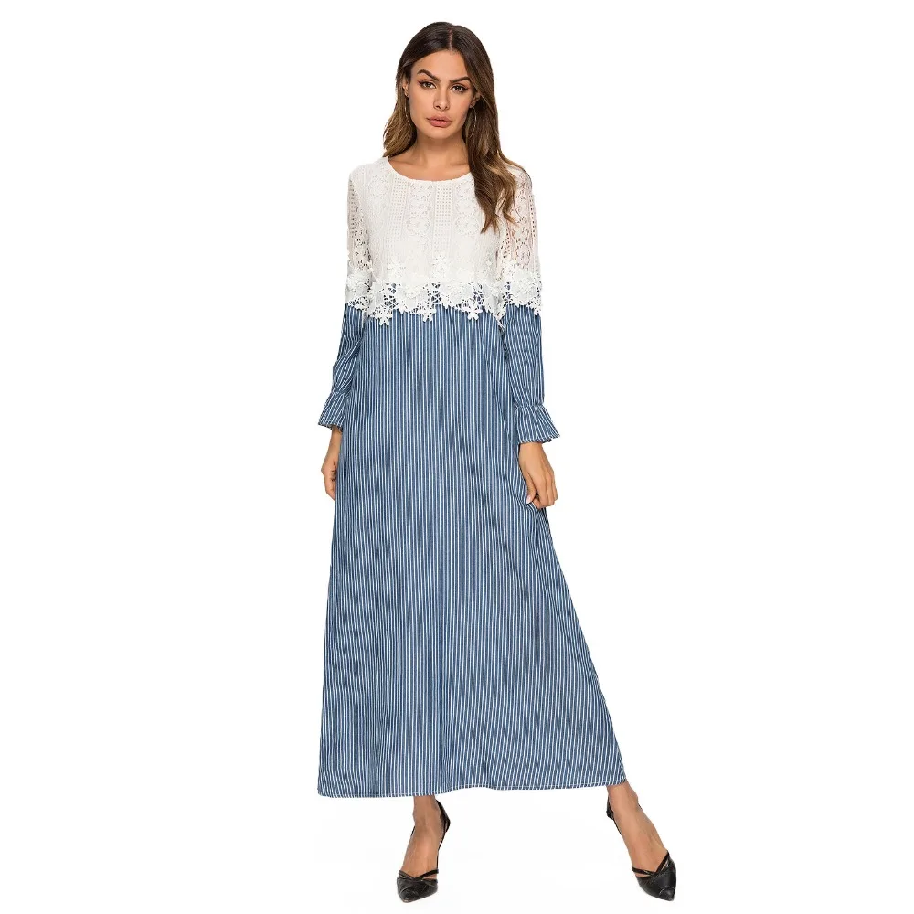 

Fashion lace patchwork Women Long Dresses Spring 2019 long Sleeve Striped Maxi Dress Casual White Lace Floral Plus Size Dress