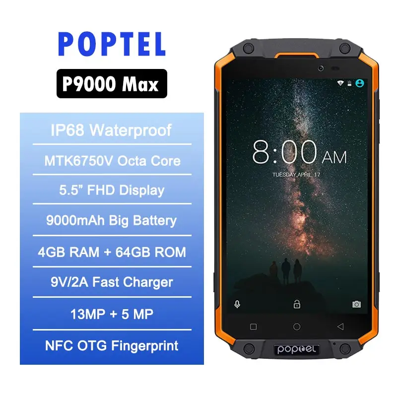 POPTEL P9000 Max 5 &quotFHD 4 GB 64 IP68 MT6750V Octa Core 4G смартфон Водонепроницаемый противоударный 13MP