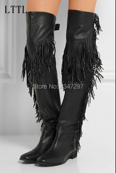 Newset over the knee women boots tassel round toe belt buckle female shoes side fringe fashion Botas Mujer