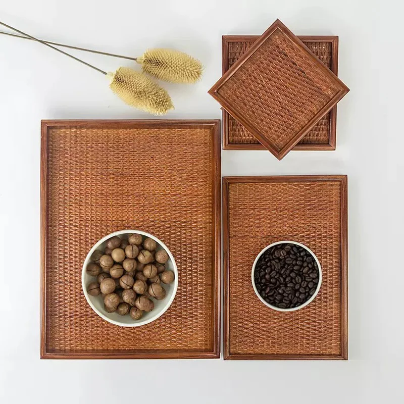 Японский поднос для чая из ротанга, уличный поднос из цельного дерева, деревянный поднос для фруктов, тарелка ручной работы, полотенце, столовые приборы