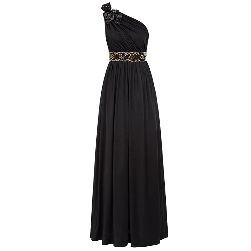 Tanpell вечернее платье на одно плечо черное без рукавов длиной до пола платье трапециевидной формы дешевые женские вечерние платья с бисером и рюшами длинное вечернее платье