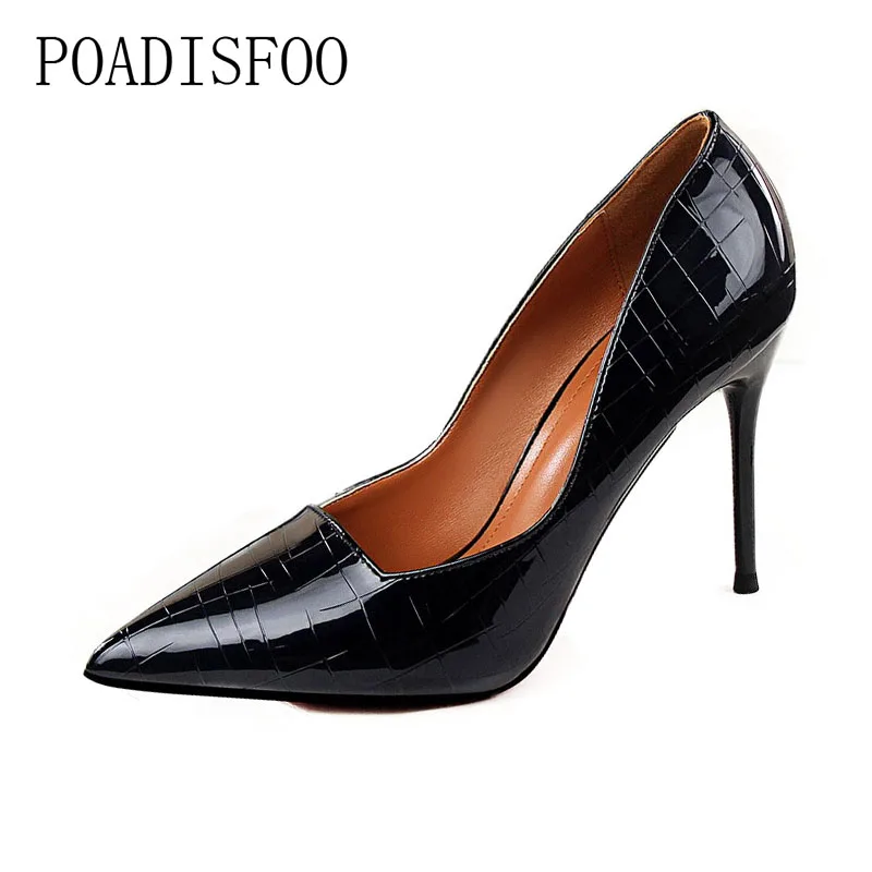 

POADISFOO 2018 women pumps Retro Fine With High Heel Shallow Mouth Pointed Metal Stone Pattern Sexy part Shoes .PSDS-1570-1