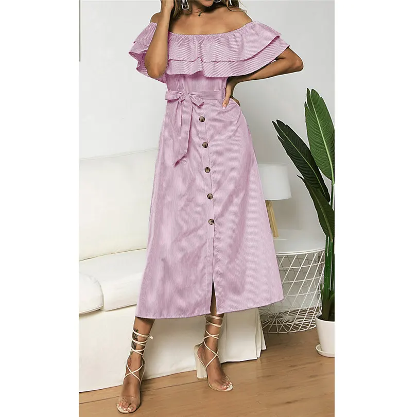 Plus Size New Fashion Women Summer Casual Daily Sexy Off Shoulder Button Dress Short Sleeve Slash Neck Striped Dress #4A18 (3)